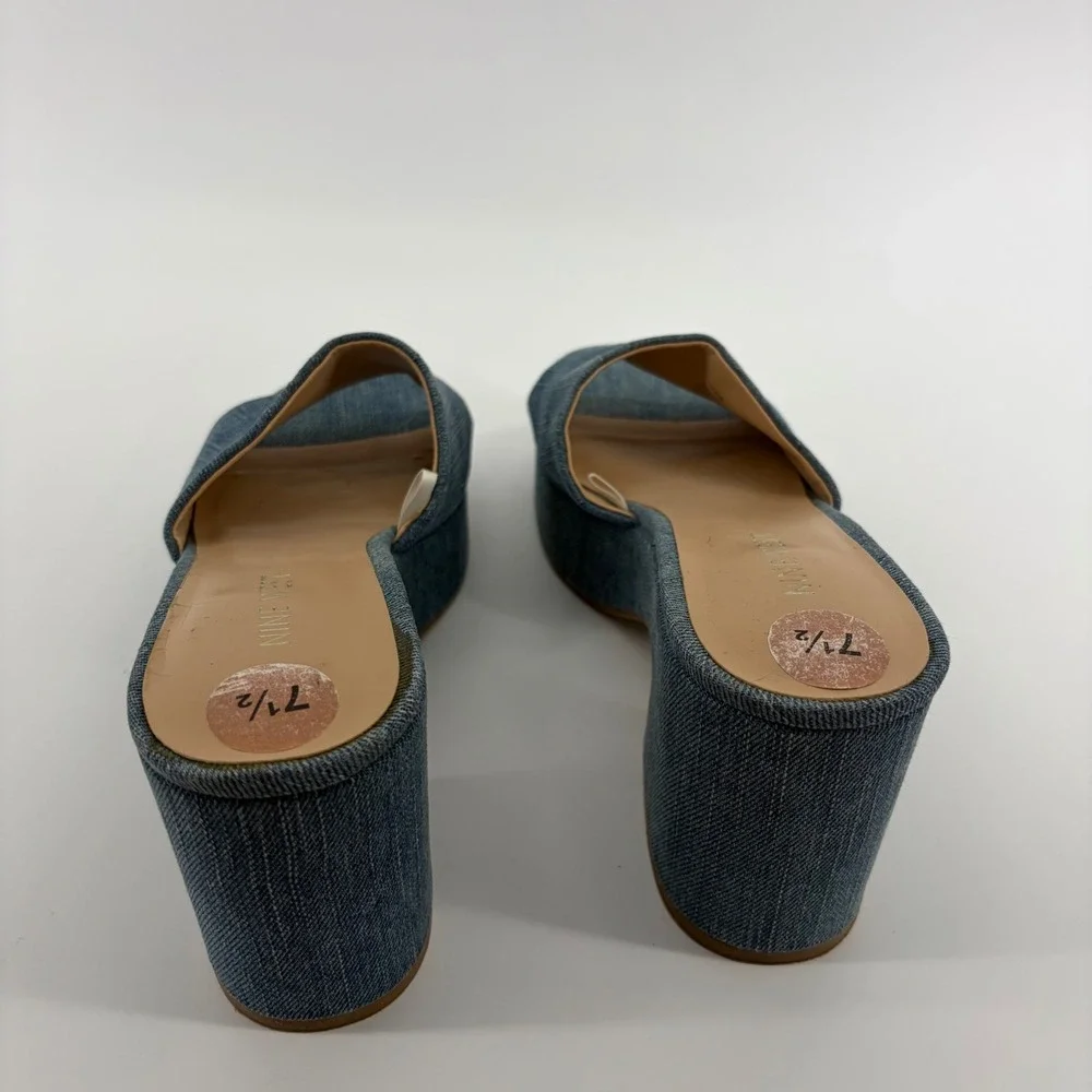 Nine West Womens 7.5 Blue Denim Platform Slides WNBEAS7-C Block Heel Mules